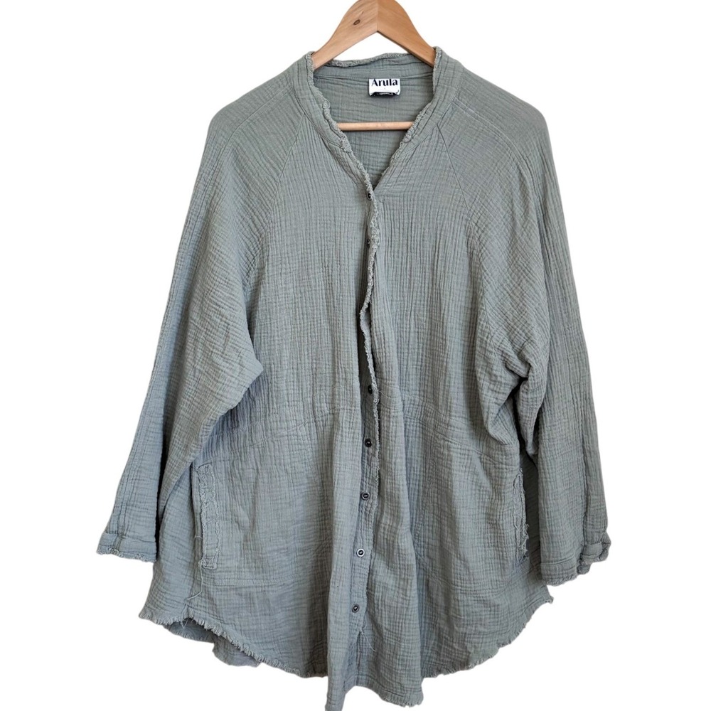 Arula Womens Euro Summer Lagenlook Gauze Tunic Shirt Green Boho Pockets OS